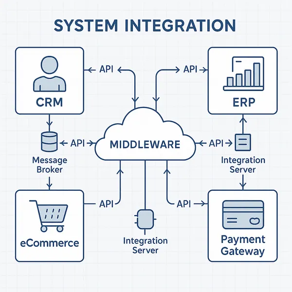 Schéma d'intégration entre CRM, ERP et outils métiers via des API